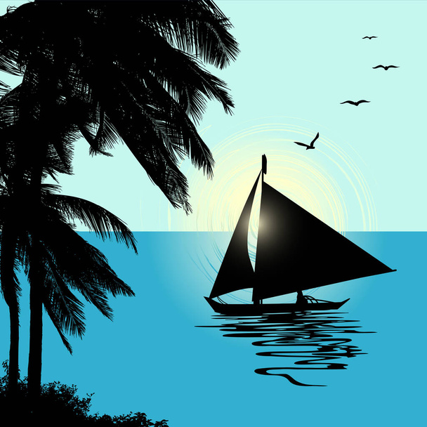 Tropical Landscape Sunset with a boat. Vector Illustration - Вектор, зображення