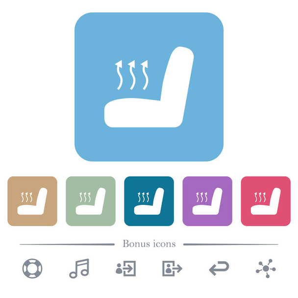 Autostoel verwarming witte platte pictogrammen op kleur afgeronde vierkante achtergronden. 6 bonus symbolen opgenomen - Vector, afbeelding