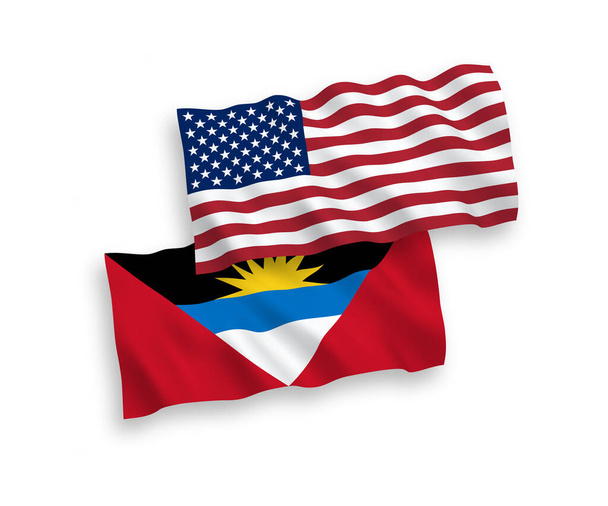 Banderas nacionales de ondas vectoriales de Antigua y Barbuda y Estados Unidos aisladas sobre fondo blanco. Proporción de 1 a 2
. - Vector, imagen