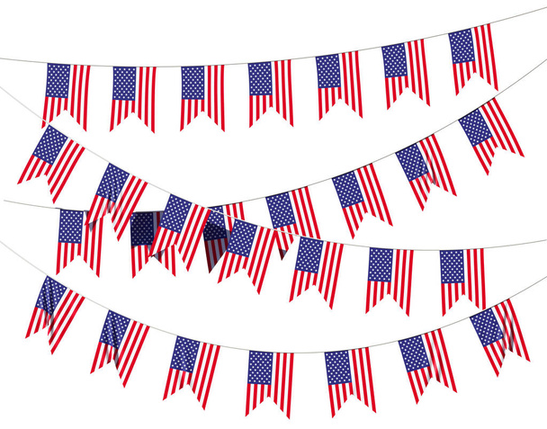 Strings of American flags decorative hanging bunting, bright USA patriotic flags garlands isolated on white background. 4th of July, Independence day holidays decoration 3D illustration - Foto, imagen