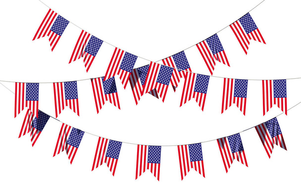 Strings of American flags decorative hanging bunting, bright USA patriotic flags garlands. 4th of July, Independence day holidays decoration 3D illustration - Foto, imagen