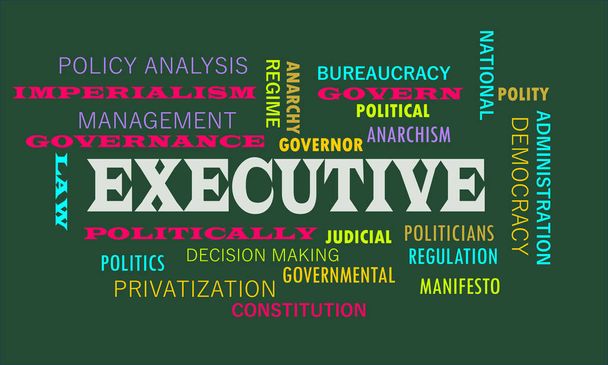 Executivo uma palavra significativa arte apresentada na nuvem de texto vocabular que se relacionam com fatores do governo
. - Vetor, Imagem