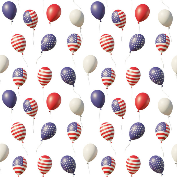 USA Independence Day celebration background with balloons with American flags, stars, lines, vintage colors, flying up isolated on white. 4th of July 3D illustration seamless background. - Fotoğraf, Görsel