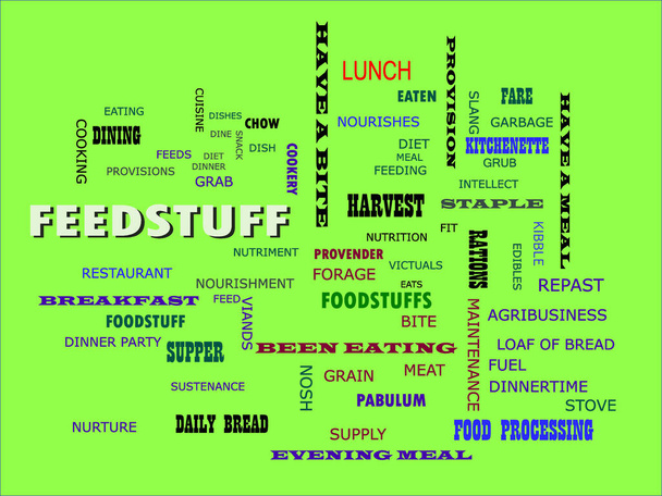 Feed stuff word presented on text cloud background το οποίο σχετίζεται με διατροφικά δεδομένα ανθρώπινου σώματος. - Διάνυσμα, εικόνα