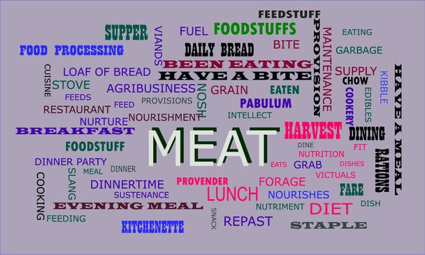 Мясо слово отображается для продовольствия, связанного с фактом человеческого тела на текстовых облаках иллюстрации образовательного фона. - Вектор,изображение