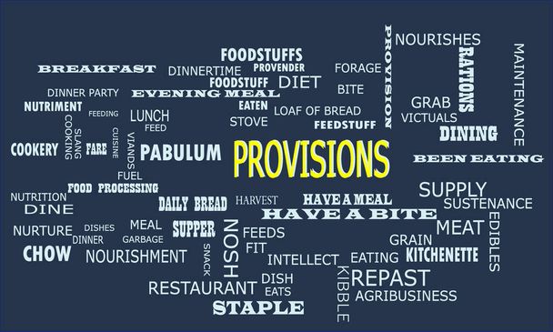 Provisions word displayed for food related fact of human body on text clouds illustration educational background. - Vector, Image