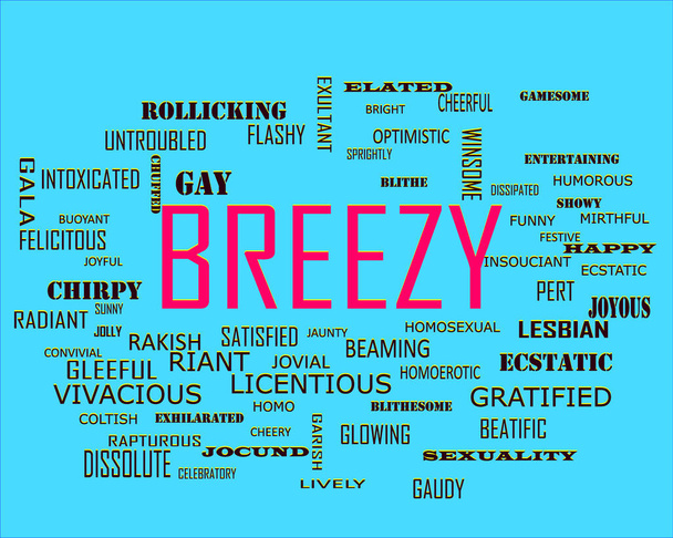 Breezy λέξη παρουσιάζει ανθρώπινη σχέση αγάπης εμφανίζεται στο εκπαιδευτικό κείμενο σύννεφο εικονογράφηση φόντο. - Διάνυσμα, εικόνα