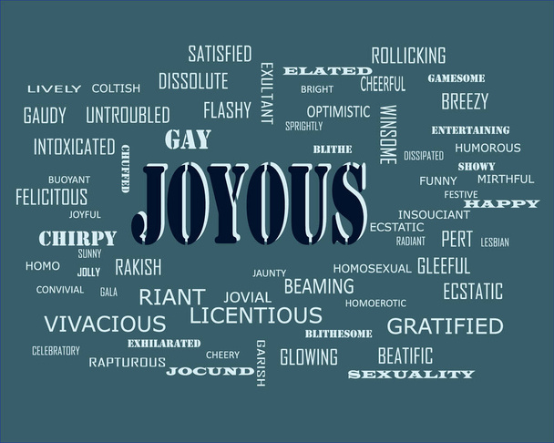 Joyous λέξη παρουσιάζει ανθρώπινη σχέση αγάπης εμφανίζεται στο εκπαιδευτικό κείμενο σύννεφο εικονογράφηση φόντο. - Διάνυσμα, εικόνα