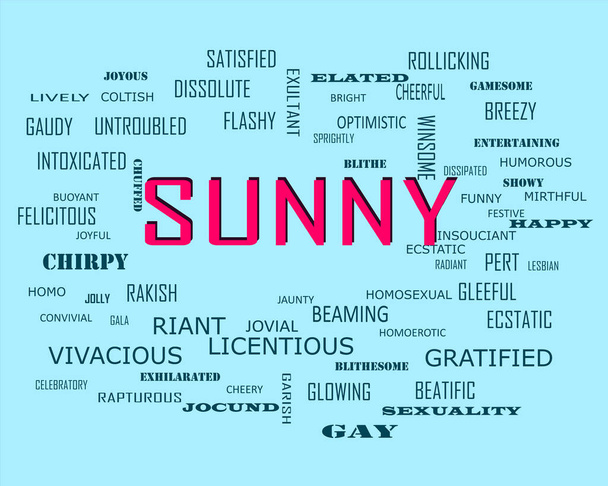Sunny word related with people loving symbol presented on similar word cloud abstract text background. - Vector, Image