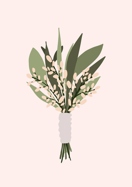 Bruiloft boeket met lentebloemen groene bladeren geïsoleerd op lichte achtergrond. Boho bruids bruiloft arrangementen vector illustratie in cartoon platte stijl - Vector, afbeelding