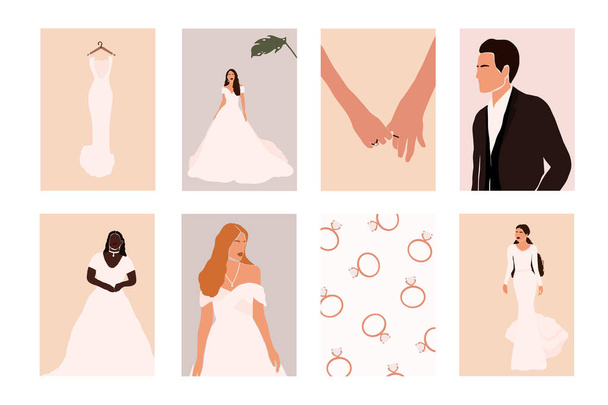 Αφηρημένη γαμήλιο ζευγάρι γαμπρός και νύφη, πορτρέτα γυναίκα, ανθοδέσμες κάρτες διακοπών απομονωμένη. Μόδα minimal μοντέρνα άτομα σε καρτούν επίπεδη στυλ. Μοντέρνο αφίσα εικονογράφηση διάνυσμα εκτύπωσης τοίχου - Διάνυσμα, εικόνα