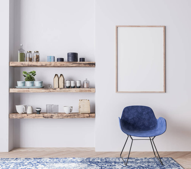 Blue chair in trendy wooden interior mock up - Photo, Image