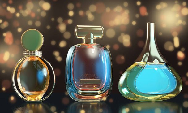 3D ilustrace lahvičky parfému zblízka s odrazy - Fotografie, Obrázek