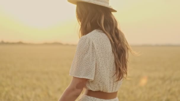 Side view of Smiling attractive woman wearing dress and stylish hat talking by smartphone while walking on wheat field - Video