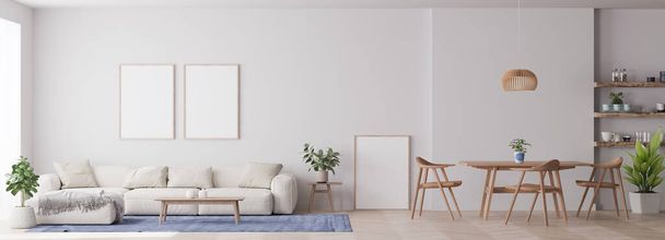 Stylový obývací pokoj ve skandinávském interiéru se třemi prázdnými rámy a elegantním příslušenstvím. Krásná béžová pohovka, Template of Modern home inscenace. panorama maketa nahoru - Fotografie, Obrázek