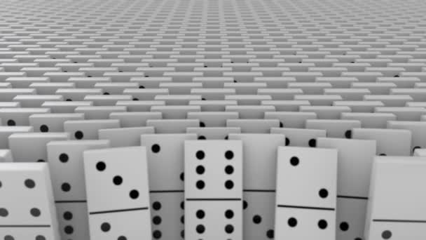 3D анимация набора белых кубиков Домино, которые начинают падать с камеры. Весь массив падает, и осталось всего несколько стоячих. Игровой фон, идея удачи и неудачи. - Кадры, видео