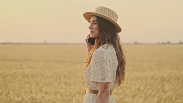 Side view of Happy attractive woman wearing dress and stylish hat talking by smartphone while walking on wheat field - 映像、動画