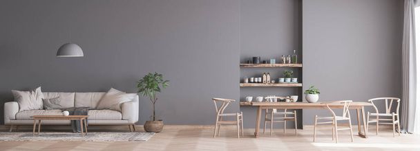 Panorama maketa do obývacího pokoje s bílou pohodlnou pohovkou a dřevěnou jídelnou na šedé stěně a dřevěnou výzdobou, minimální interiér - Fotografie, Obrázek