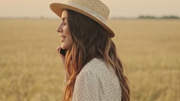 Happy attractive woman wearing dress and stylish hat talking by smartphone while walking on wheat field - Filmati, video