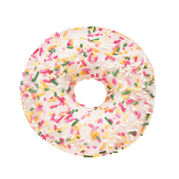 Weißer Donut isoliert auf weißem Hintergrund mit Clipping-Pfad. Ansicht von oben, Kopierraum - Foto, Bild