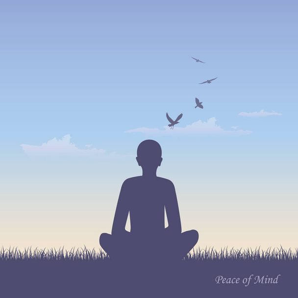 persona meditando en el prado de verano al sol - Vector, imagen