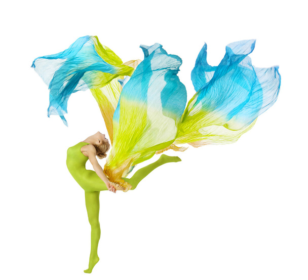Sport woman dancing with flying fluttering fabric over white background - Photo, Image