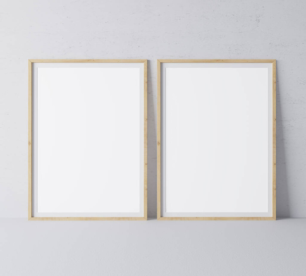 Vertical wooden empty frames in modern design on minimal gray background, A3, A4 size - Photo, Image