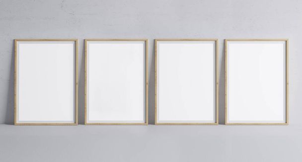 Vertical wooden empty frames in modern design on minimal gray background, A3, A4 size - Photo, Image
