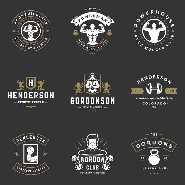Fitness center and sport gym logos and badges design set vector illustration. - Vetor, Imagem