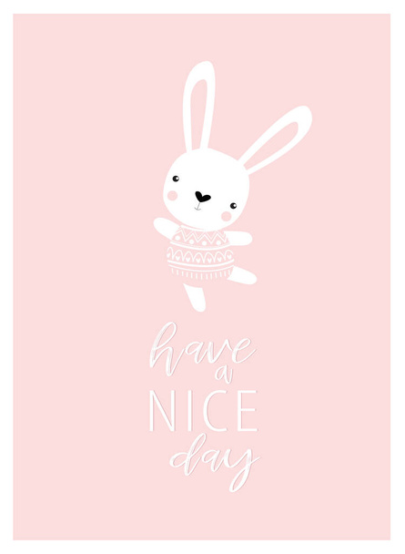 Afdrukken. Vector poster met een konijn "Prettige dag". Bunny is aan het dansen. Roze tekenfilmkonijntje. Konijnenmeisje. - Vector, afbeelding