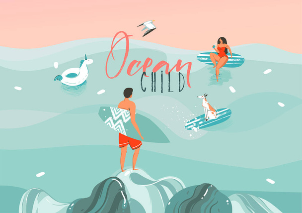 Estoque vetorial desenhado à mão ilustração gráfica abstrata com uma família engraçada de surfistas banhistas de sol com cão na paisagem de ondas oceânicas, nadando e surfando isolados em fundo colorido
. - Vetor, Imagem
