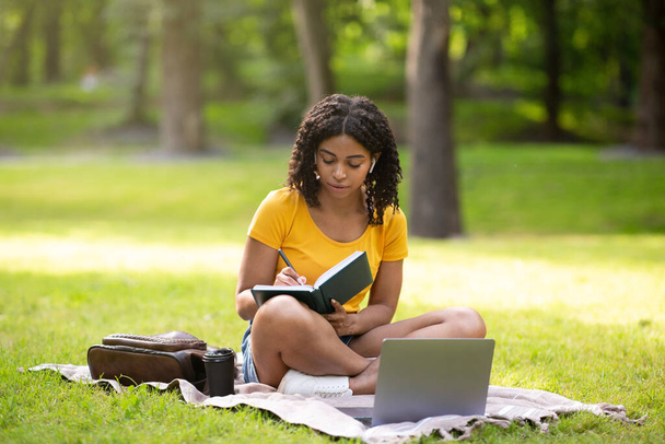 Έξυπνο μαύρο κορίτσι επικεντρώθηκε στις online σπουδές της με φορητό υπολογιστή στο πάρκο το καλοκαίρι - Φωτογραφία, εικόνα