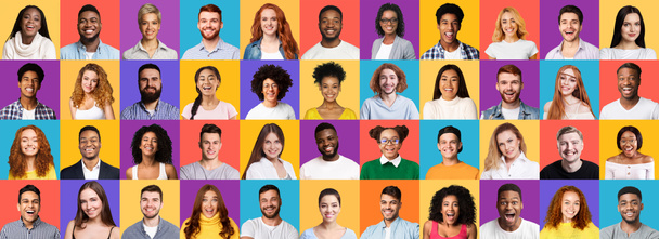Collectie van verschillende vrolijke Millennials Portretten op gekleurde achtergronden, Panorama - Foto, afbeelding