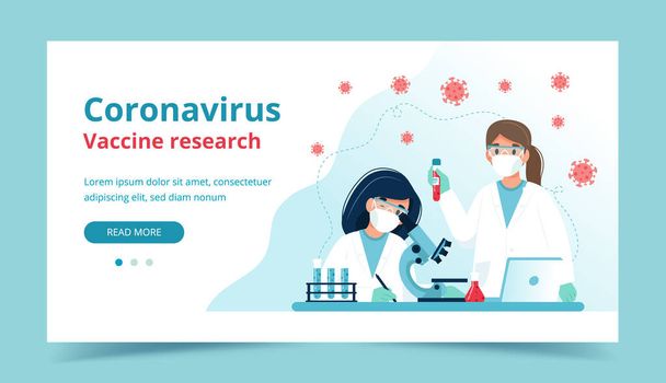 Vaccine research, scientists conducting experiments in lab. Landing page template. Vector illustration in flat style - Vector, Image