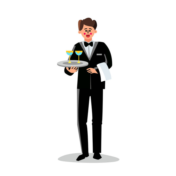 Butler Holding Tray With Cocktail Glasses Vector - Vector, Image
