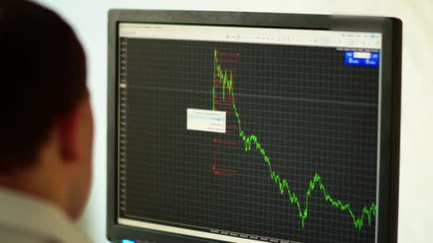 Businessman sits at monitor screen monitors stock charts, camera movement - Footage, Video