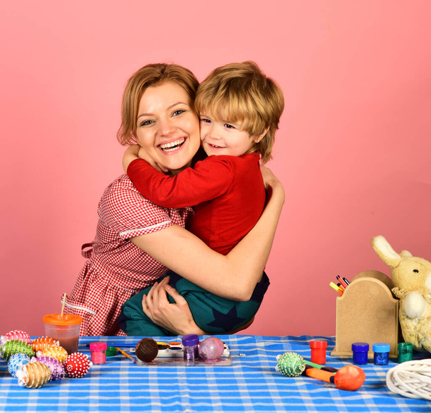 Woman and little boy with cheerful smiles - Valokuva, kuva