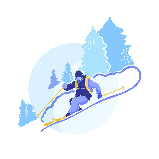 Vector illustratie van een skigebied concept. Illustratie in winterse kleurencombinatie van een skiër die de berg afdaalt. - Vector, afbeelding