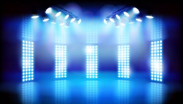 Estúdio de televisão iluminado por holofotes durante o show. Luzes azuis no palco. Lugar para a exposição. Ilustração vetorial
. - Vetor, Imagem