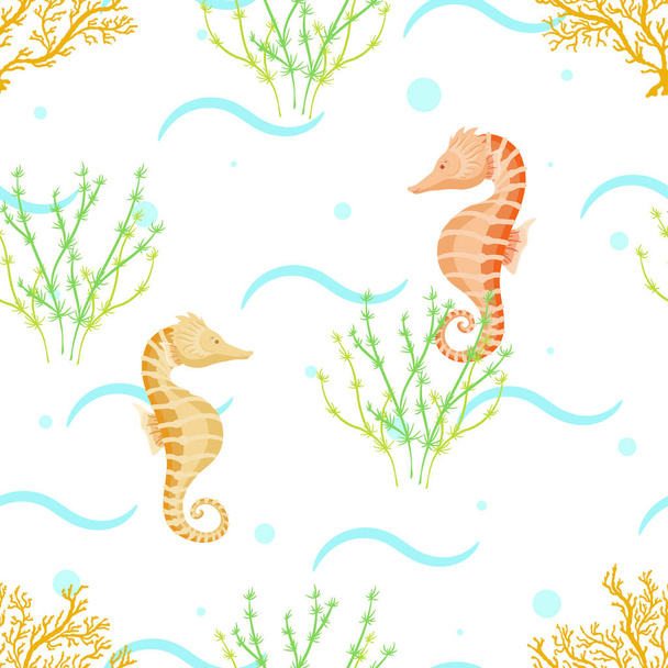 Seamless pattern with seahorses, corals and algae. Underwater illustration on a white background. - Vector, Image