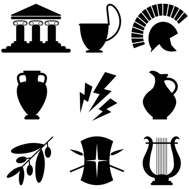 Black greek icons set isolated on white background. Traditional symbols of Greece vector illustration - Vector, Image