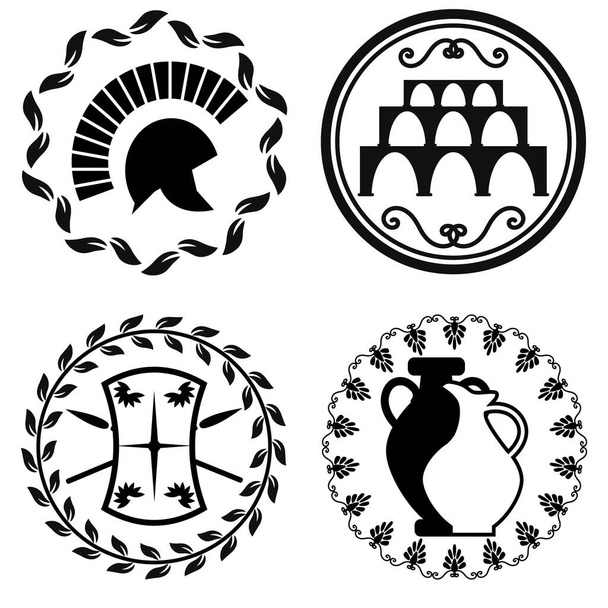 Набор древних логотипов с акведуком, шлемом, щитом и копьём, амфорой и кувшином вина. Символы древнего Рима. Эмблема Римской истории - Вектор,изображение