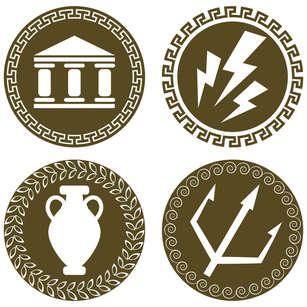 Set of ancient flat logos with temple, Zeus lightning, amphora and trident of Poseidon. The symbols of antiquity and Greece. Greek history and mythology  - Vector, Image