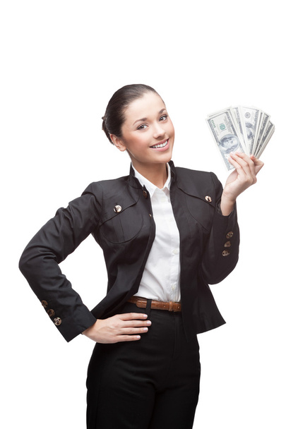 young cheerful businesswoman holding money - 写真・画像