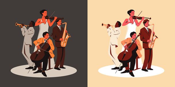 Multiraciální hudební kapela vystupující na jevišti. Vektorová barevná ilustrace čtyř hudebníků s trumpetou, houslemi, saxofonem a violoncellovými hudebními nástroji na jevišti. Skupina žen a tří mužů - Vektor, obrázek