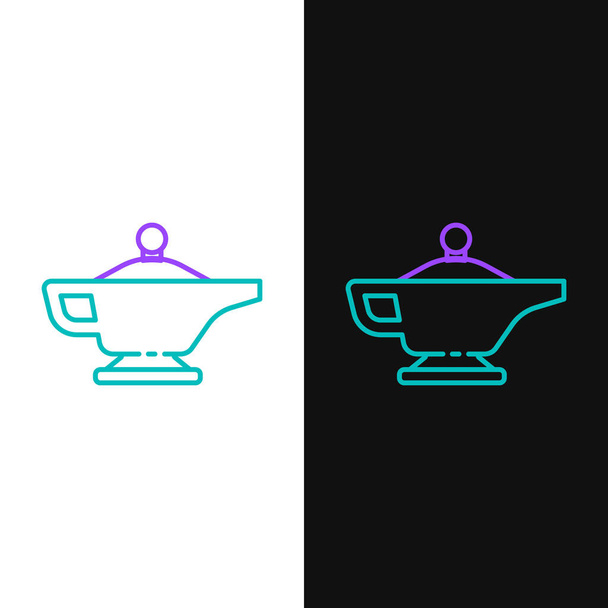 Line Magic lamp of Aladdin lamp pictogram geïsoleerd op witte en zwarte achtergrond. Spirituele lamp voor wens. Kleurrijk concept. Vector. - Vector, afbeelding