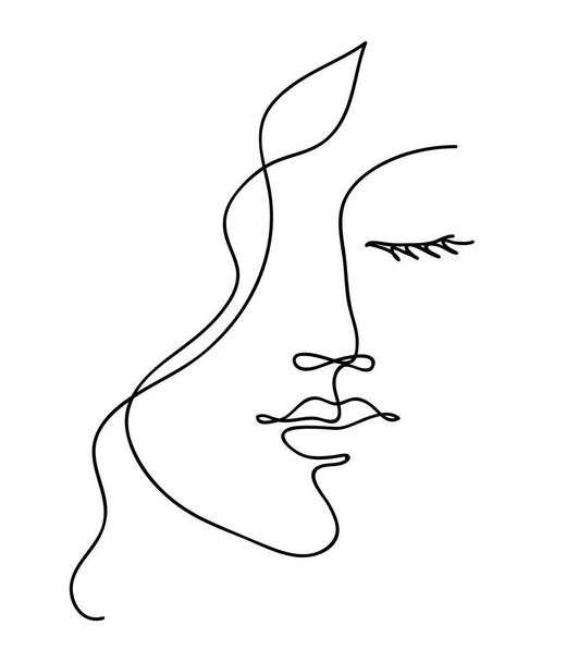 Beautyfull girl face. Attractive young woman portrait female beauty concept. Continuous line drawing. Black and white vector illustration - Вектор,изображение