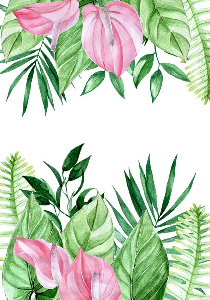 watercolor drawing, frame, tropical leaves and flowers border. pink kala flowers, palm leaves on a white background. place for text. exotic design for vacation, vacation, summer vacation. - Fotó, kép