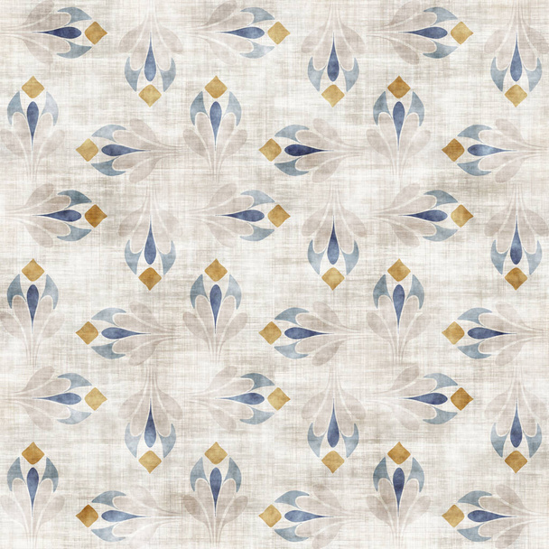  Απρόσκοπτη γαλλική αγροικία grunge floral damask μοτίβο. Προβηγκία μπλε λευκά λινά υφαντά υφή. Σάμπι σικ στυλ παλιό υφαντό φόντο. Ρουστίκ ύφασμα σε όλη την εκτύπωση - Φωτογραφία, εικόνα