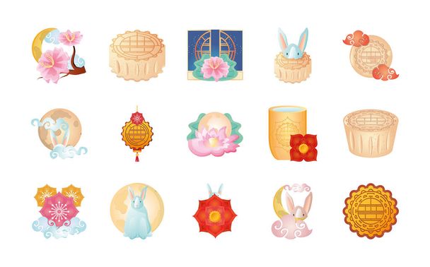 set of icons mid autumn festival or chinese moon festival - Vector, Image